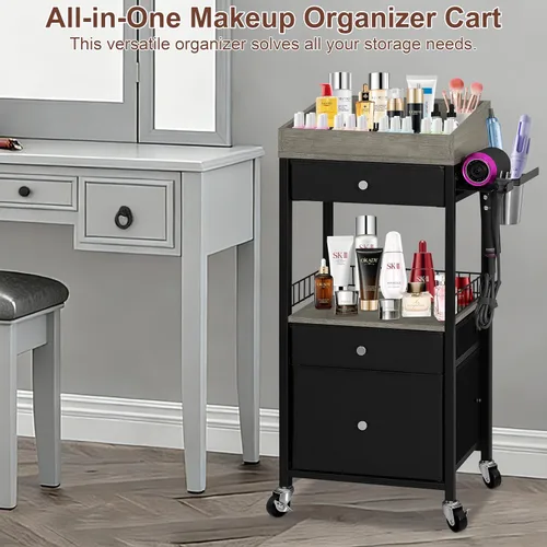 Vista 2 de Carrito organizador de maquillaje con 3 cajones, carrito de almacenamiento de cosméticos rodante con divisores ajustables, soporte de herramientas