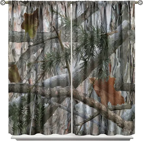 Vista 23 de Cortinas opacas de camuflaje de bosque, animales salvajes, osos, ciervos, alces, con bolsillo para barra, para sala de estar, dormitorio, decoración