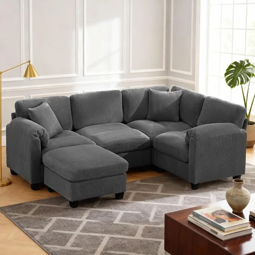 Vista 11 de Sofá modular modular con otomana, sofá de pana de 3 plazas con 2 almohadas, sofá de asiento profundo en forma de L de 88.2 pulgadas con cojín Beige