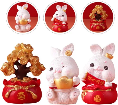 Vista 5 de 3 figuras de conejo del zodiaco chino en miniatura, estatuas de conejo, año de conejo, Fengshui, árbol de dinero, adorno para Año Nuevo, hogar