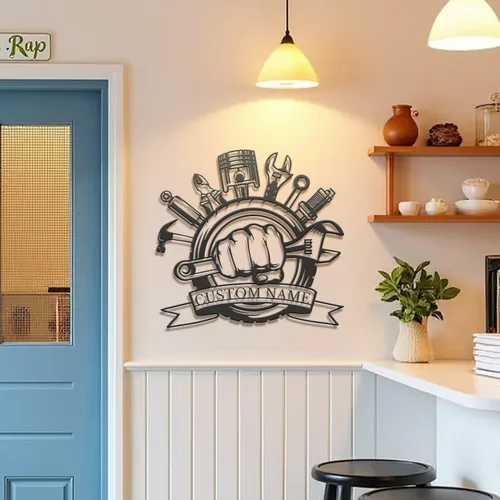 Vista 6 de Letrero de metal personalizado para garaje, arte de pared de taller personalizado, decoración mecánica para hombres, día del padre para los amantes