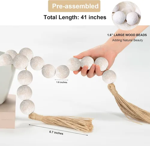 Vista 51 de OMISHE Guirnalda de cuentas de madera extra grande con cuentas de madera y borlas de 1.6 pulgadas de diámetro, cuentas decorativas rústicas de 41