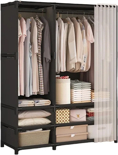 Vista 10 de Armario portátil para colgar ropa, armario de estilo japonés, perchero con 1 varillas para colgar, 2 estantes de almacenamiento, 27.5 pulgadas