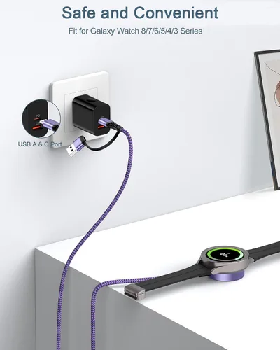 Vista 4 de Cargador de 3.3 pies para Galaxy Watch 7, cargador inalámbrico magnético Samsung [puerto dual USB A/C] cable de carga rápida compatible con Galaxy