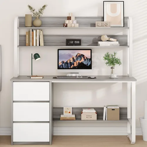 Vista 12 de MaverickFurni Escritorio para computadora de 60 pulgadas con estantes y hutch, escritorio de oficina en casa con 3 cajones de almacenamiento