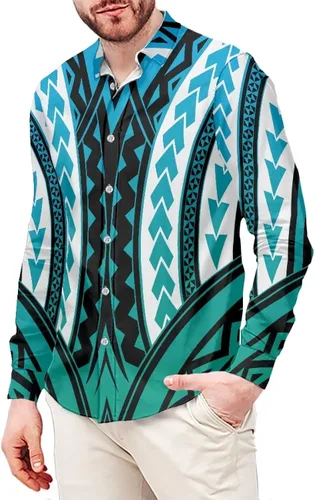Vista 17 de Camisa de guayabera polinesia para hombre, patrón de Samoa Americana, vintage, cuello en V, manga larga, hawaiana, camisas de vestir para hombres