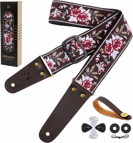 Vista 14 de Nefelibata Correa de guitarra, correas de guitarra de algodón bordadas con extremos de cuero de vaca para bajo, guitarras eléctricas y acústicas