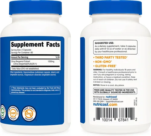 Vista 4 de Nutricost Cápsulas de bergamota cítrica de 1,200 mg, 120 cápsulas - Extracto de bergamota 25:1 - 60 porciones, sin gluten, vegano y sin OMG