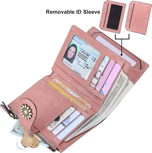 Vista 2 de Lavemi Cartera de cuero para mujer, pequeña, compacta, con bloqueo RFID, con bolsillo con cremallera