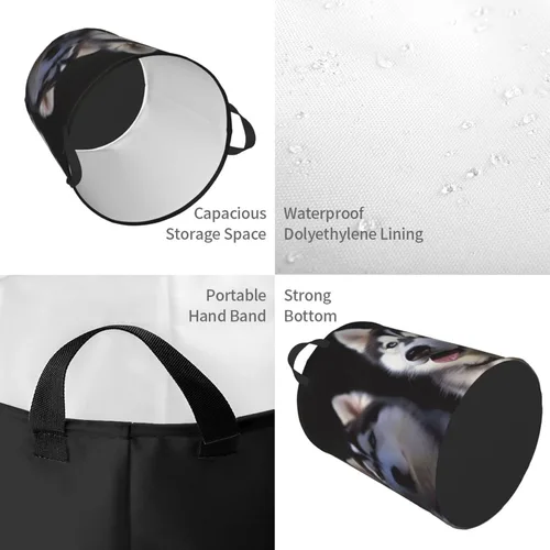 Vista 3 de Cesta de lavandería para perro Husky impermeable, cesta de ropa sucia, plegable, con asas, cesta de lavandería independiente para baño, dormitorio