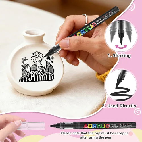 Vista 6 de Surcotto 12 marcadores de pintura acrílica negra, bolígrafos y marcadores de punta de pincel suave, bolígrafos de pintura acrílica para madera