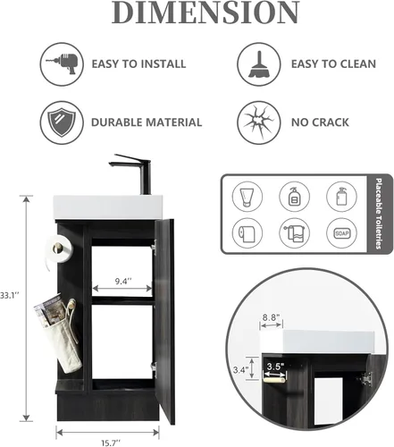 Vista 3 de Tocador de baño pequeño de 16 pulgadas con fregadero, color negro: espacio pequeño, 2 soportes para papel higiénico y bolsillo de almacenamiento