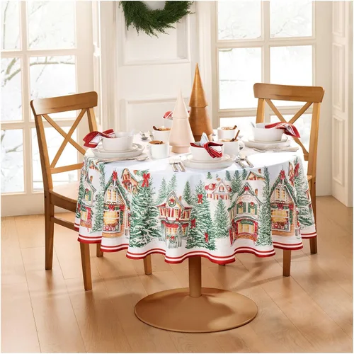 Vista 9 de Elrene Home Fashions - Mantel redondo de Navidad con bordes de pueblo navideño, resistente a arrugas, 177,8 x 177,8 cm, multicolor