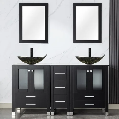 Vista 23 de LUCKWIND 60" Double 24" Bathroom Vanity with Sink Combo, Elegant Series with One 12.6-in Side Cabinet, Painted Frame, Including Tempered Glass Round