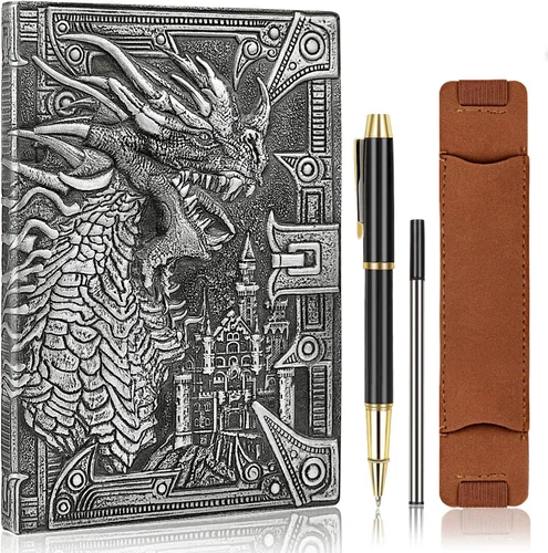 Vista 10 de DND - Cuaderno de Dungeon and Dragon de cuero en relieve 3D, diario de dragón con bolígrafo negro y funda para bolígrafo, diario de viaje vintage