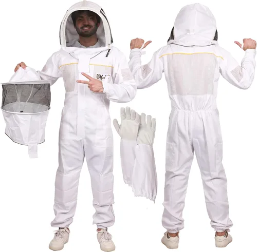Vista 7 de Traje de apicultura de polialgodón ultra ventilado para hombres y mujeres con guantes y dos velos de apicultura, traje de apicultura profesional