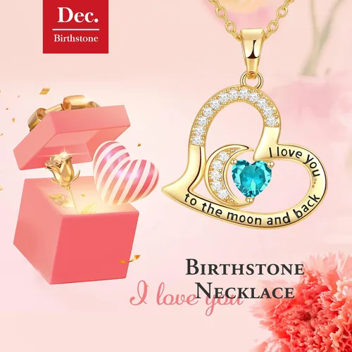 Vista 3 de Joyas de piedra natal para esposa, regalos para ella, plata de ley 925 chapada en oro de 18 quilates, collar con dije de corazón con texto en inglés