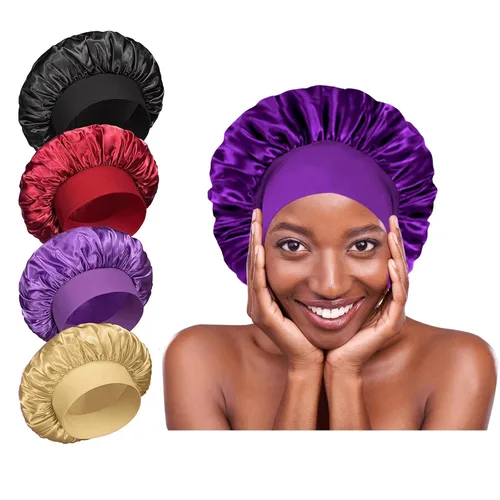 Vista 10 de 4 gorros de satén de seda para dormir, banda ancha elástica para mujeres y hombres, gorros de seda para cabello rizado para dormir