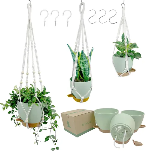 Vista 9 de Macetas colgantes con colgadores de macramé para plantas de interior y exterior, juego de 3 cestas colgantes de 35/27/21 pulgadas, macetas de riego