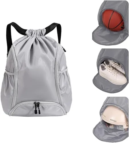 Vista 10 de Mochila deportiva con cordón, bolsa de gimnasio impermeable para mujeres y hombres, paquete de baloncesto con compartimento para zapatos, Negro