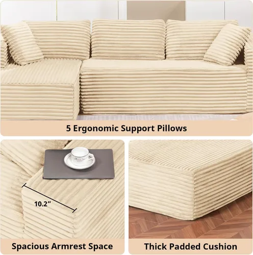 Vista 7 de LUCKLIFE - Sofá seccional modular con chaise en forma de L, sofás sin patas tapizados en pana para sala de estar, sofá cama extragrande, no requiere