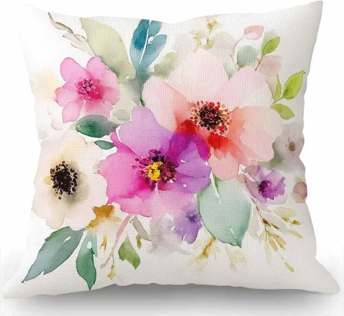 Vista 4 de Swono Funda de almohada decorativa de lino y algodón con diseño de flores, funda de almohada floral de 18 x 18 pulgadas Sw-010