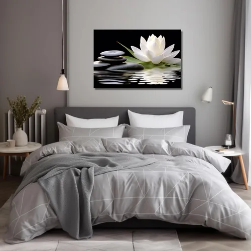 Vista 3 de LZIMU Lienzo decorativo para pared, diseño de loto blanco y piedras zen negras que florecen en el agua, impresiones de imágenes para yoga, spa