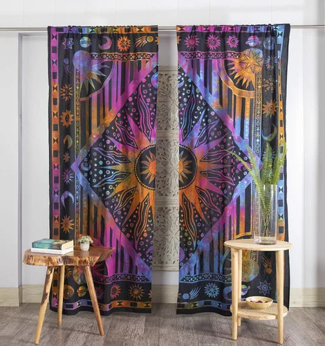 Vista 7 de Popular Handicrafts – Cortinas de ventana con diseño de mandala hippie indio, estilo bohemio, sol ardiente, luna gitana, hermosas cortinas