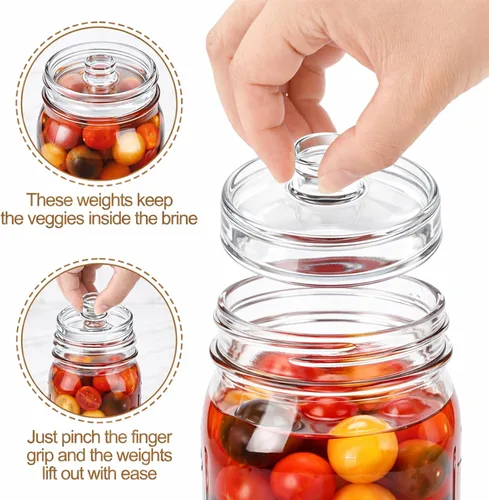 Vista 4 de Jucoan 6 Pack Glass Fermentation Weights with Easy Grip Handle for Wide Mouth Mason Jars and 1 Pcs Beech Wood Vegetable Tamper Sauerkraut Pounder