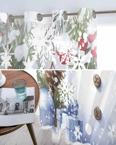 Vista 5 de Cortinas traslúcidas de invierno con diseño de muñeco de nieve de 63 pulgadas de largo, juego de 2 paneles de cortinas para cocina, dormitorio, sala