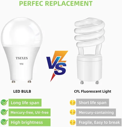 Vista 4 de TSEXES Bombilla LED GU24, 9 W (equivalente a 100 vatios), 1100 lúmenes, no regulable, forma A19 de 2 puntas, 2700 K blanco cálido, paquete de 4