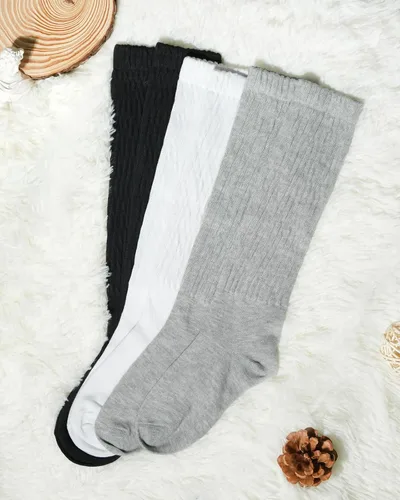 Vista 3 de Ronglry Juego de 3 pares de calcetines holgados para mujer, calcetines largos hasta la rodilla, muslo, botas altas, calentadores de piernas, retro
