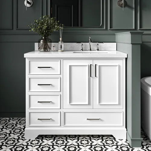 Vista 26 de DKB Bradford - Mueble de baño individual negro de 42 pulgadas con fregadero rectangular, encimera de mármol italiano de carrara con borde de 1.5