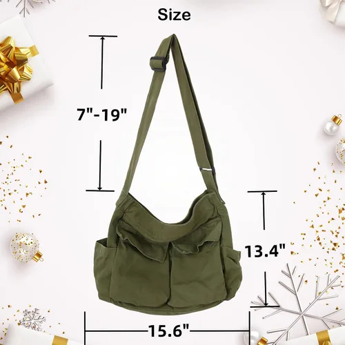 Vista 7 de Lauthen.S Bolsa de lona estilo hobo estilo grunge, bolsa cruzada para mujeres y hombres, bolsa de mensajero grande con múltiples bolsillos