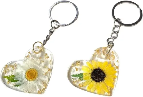 Vista 2 de Llavero de corazón de resina de girasol o margarita con copos dorados, bonito dije floral para bolso, conductor adolescente, regalo del día de San