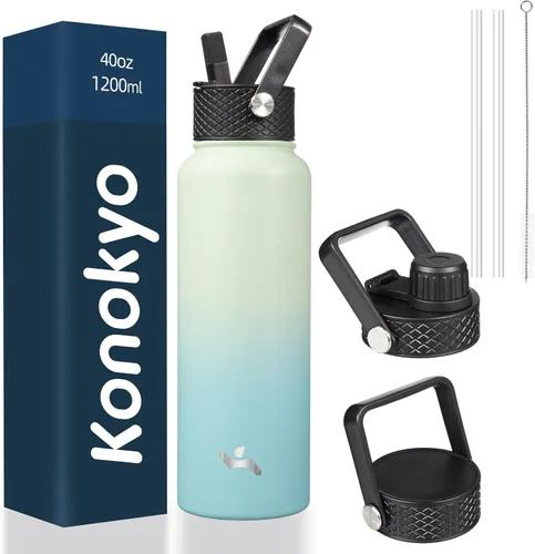 Vista 98 de Konokyo - Botella de agua aislada de 18 onzas, botellas deportivas de acero inoxidable con 3 tapas, verde militar