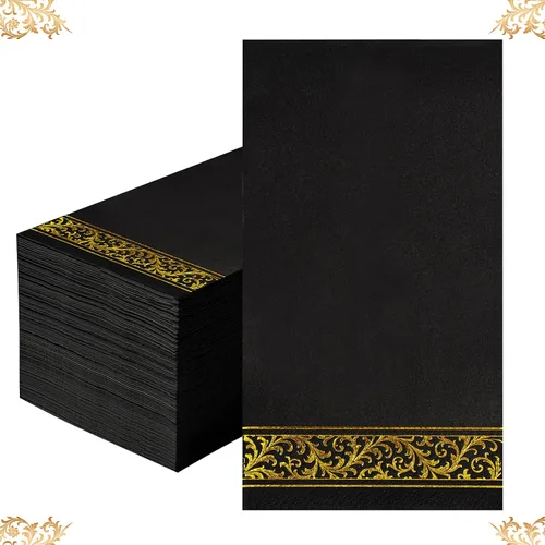 Vista 11 de 200 Servilletas de Papel con Ribete Dorado Negras Elegantes Servilletas de Cena, Servilletas de Invitados de 3 Capas con Papel Dorado Desechables
