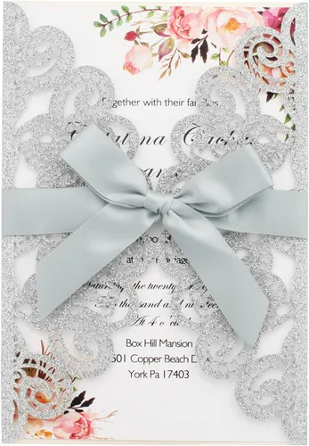 Vista 8 de 50 invitaciones de boda con sobres y tarjetas Rsvp invitaciones de corte láser con purpurina rosa con cintas rosas para invitaciones de compromiso