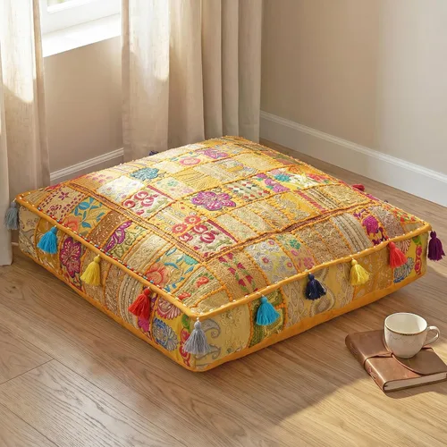 Vista 8 de THE ART BOX Almohadas y fundas de cojín bordadas vintage de retazos de algodón, puf para perro, puf de meditación, ropa de cama para mascotas, cama
