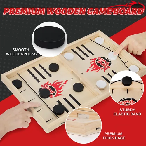 Vista 4 de Juego de disco de cabestrillo rápido grande clásico, juegos de mesa de hockey de madera para la noche familiar, juego de mesa para adultos y niños
