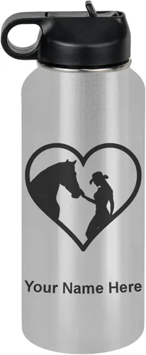 Vista 76 de LaserGram Botella de agua personalizada, corazón de vaquera de caballo, acero inoxidable de doble pared aislada al vacío con popote superior, regalo