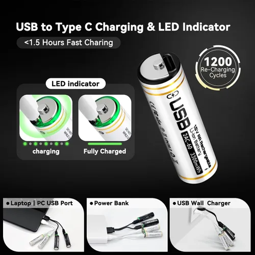 Vista 5 de Baterías AA recargables USB-C, 3300 mWh de iones de litio de 1.5 V de voltaje constante, baterías de litio dobles A de carga rápida con cable tipo