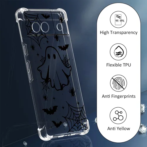 Vista 6 de Funda de Halloween para Google Pixel 6A transparente con diseños de murciélagos fantasmas, funda para teléfono para niñas, elegante, delgada, a