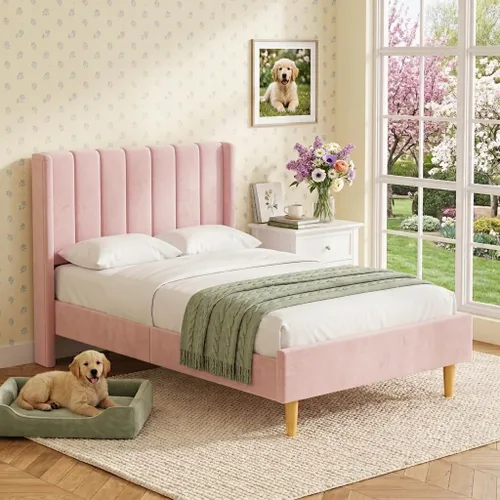Vista 41 de Cama de plataforma tapizada de terciopelo Queen con cabecera con respaldo de alas, color crema Canal vertical acolchonado, listones de madera