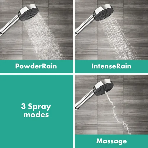 Vista 5 de hansgrohe Pulsify S Ducha de mano de 12 pulgadas con 1 chorro, barra deslizante y manguera PowderRain, Lluvia Intensa, Masaje Pulsante en níquel