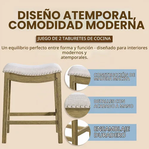 Vista 3 de ROME + OAK Juego de 2 Taburetes de Mostrador Parker de 26", Taburete de Bar de Cocina sin Respaldo Tipo Silla de Montar en Acabado de Madera Natural