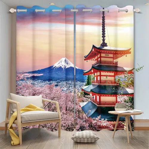 Vista 19 de Cortinas japonesas con pintura de tinta, monte Fuji, sol rojo, puesta de sol, hojas de bambú, cortinas de ventana para dormitorio, sala de estar