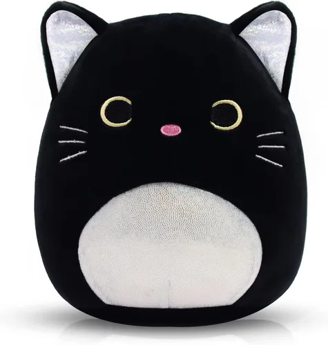 Vista 7 de Peluche de gato negro, animal de peluche Sakura con bordado Sakura en la cabeza, regalos de felpa suave para niños y niñas