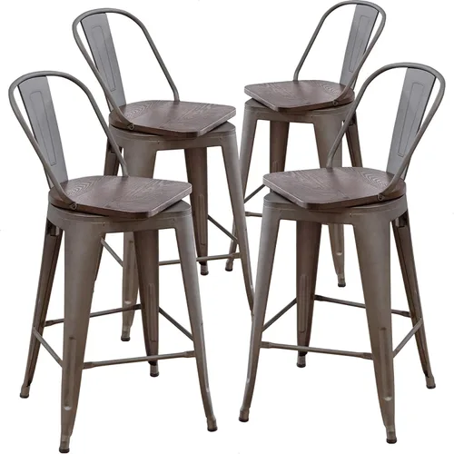 Vista 3 de Aklaus Taburetes de bar giratorios de metal con respaldo, juego de 4 taburetes de altura de mostrador, sillas de bar con respaldo alto de 26 RUSTY