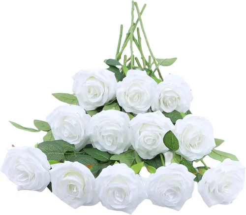 Vista 31 de Flores artificiales de rosa, rosas artificiales, rosas de seda, rosas falsas de aspecto real con tallos para manualidades, ramos de boda, centros